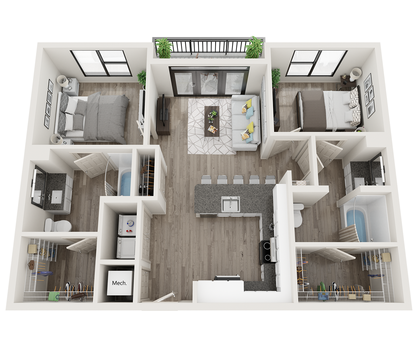 Floor plan for 2 beds, 2 baths, 1027 sqft